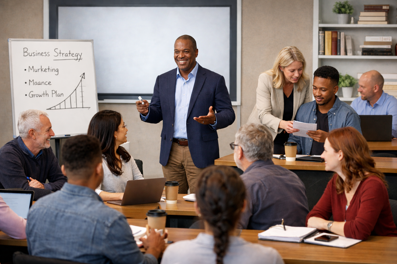 Business professionals engaged at a Praise Palace Business School event